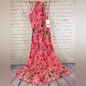 NWT Zara Pink Floral Print Cottagecore Boho Wedding Party Midi Halter Dress XS